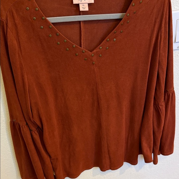 Style & Co. Rust V-Neck Faux Suede Blouse with Stud Details - Picture 1 of 3